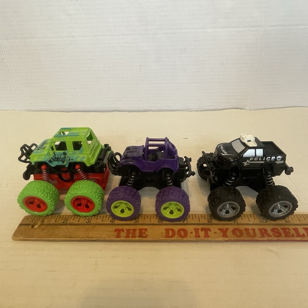 3Monster Friction Powered Truck Pull Back Jeep Police they Will Go Over Anything